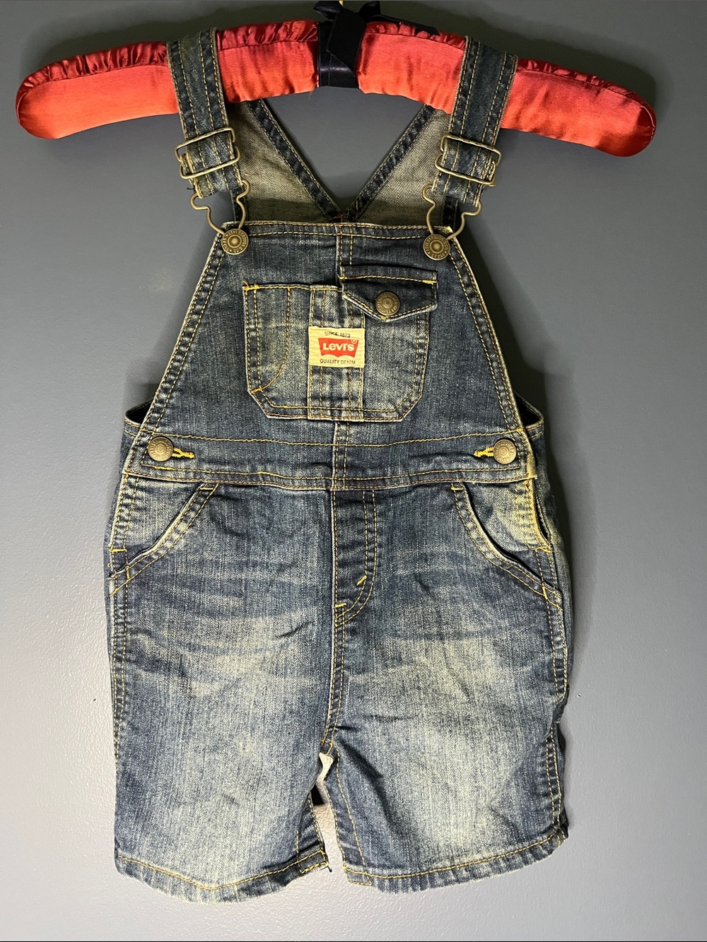 Levi's Kids Distressed Blue Denim Short Overalls, 18 mo